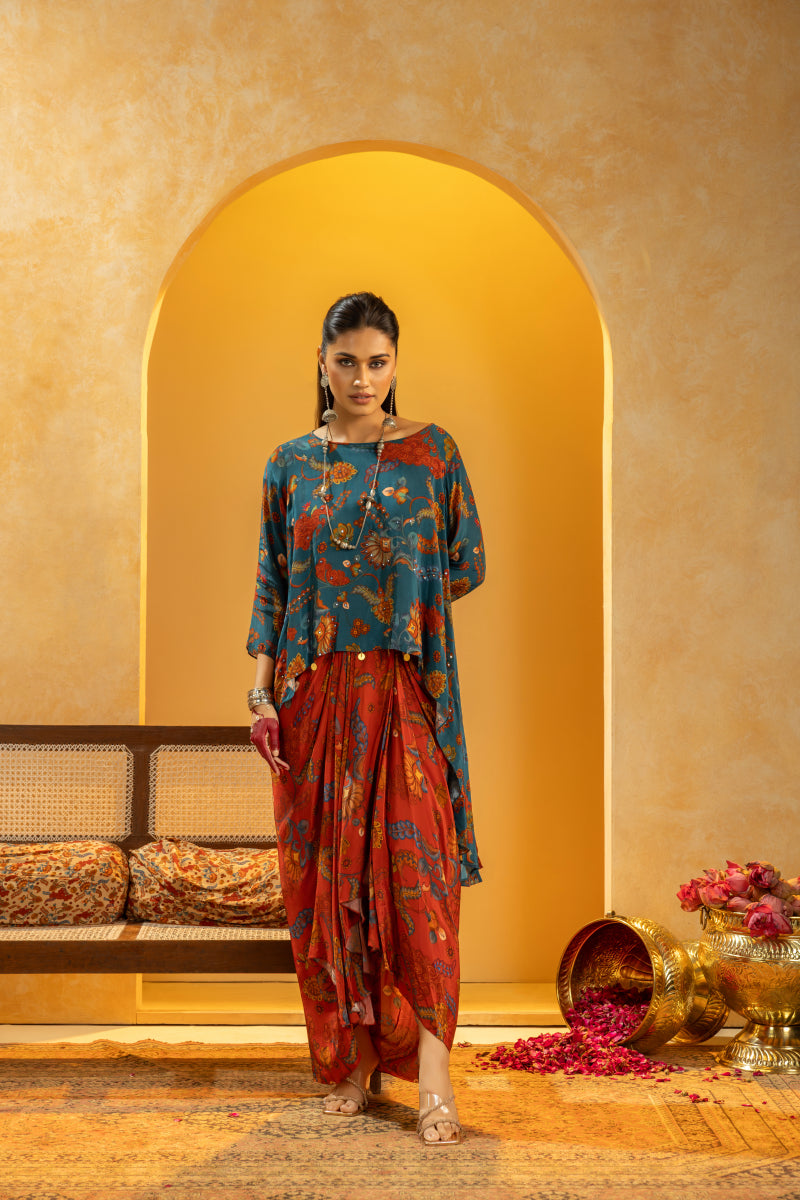 Rangtara embellished drape skirt set