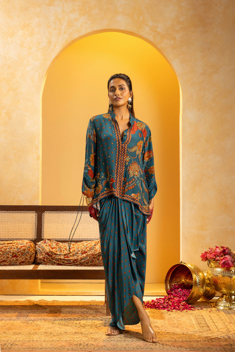 Rangtara embellished drape skirt set