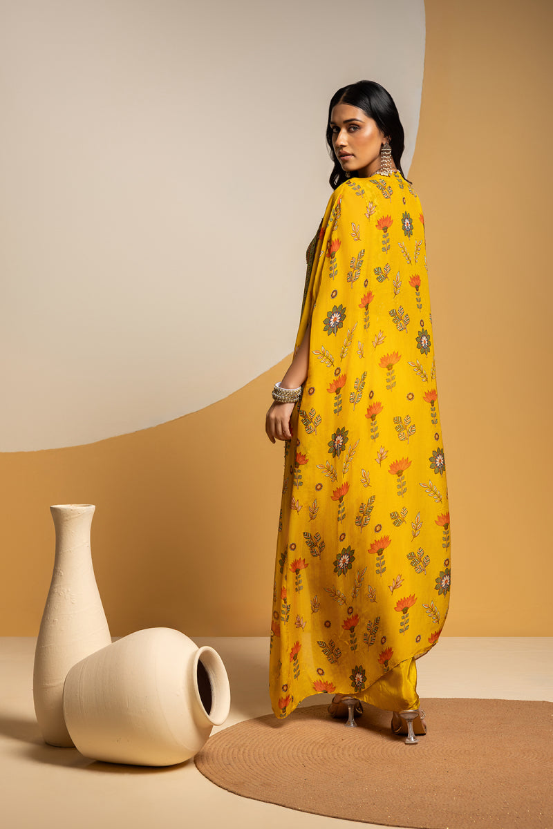 Taarani embellished drape skirt set with long cape