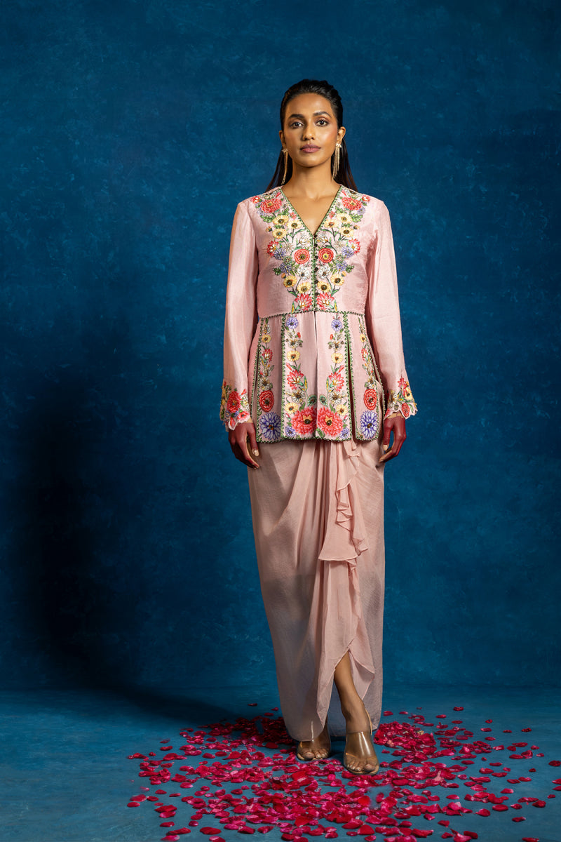 Baghira embellished panelled top with drape skirt