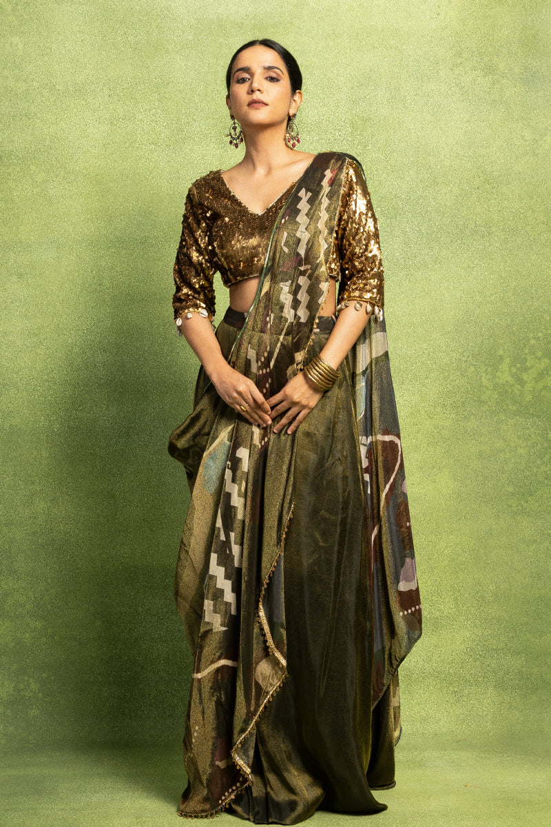 Pre-Stitched Saree with Sequined Blouse