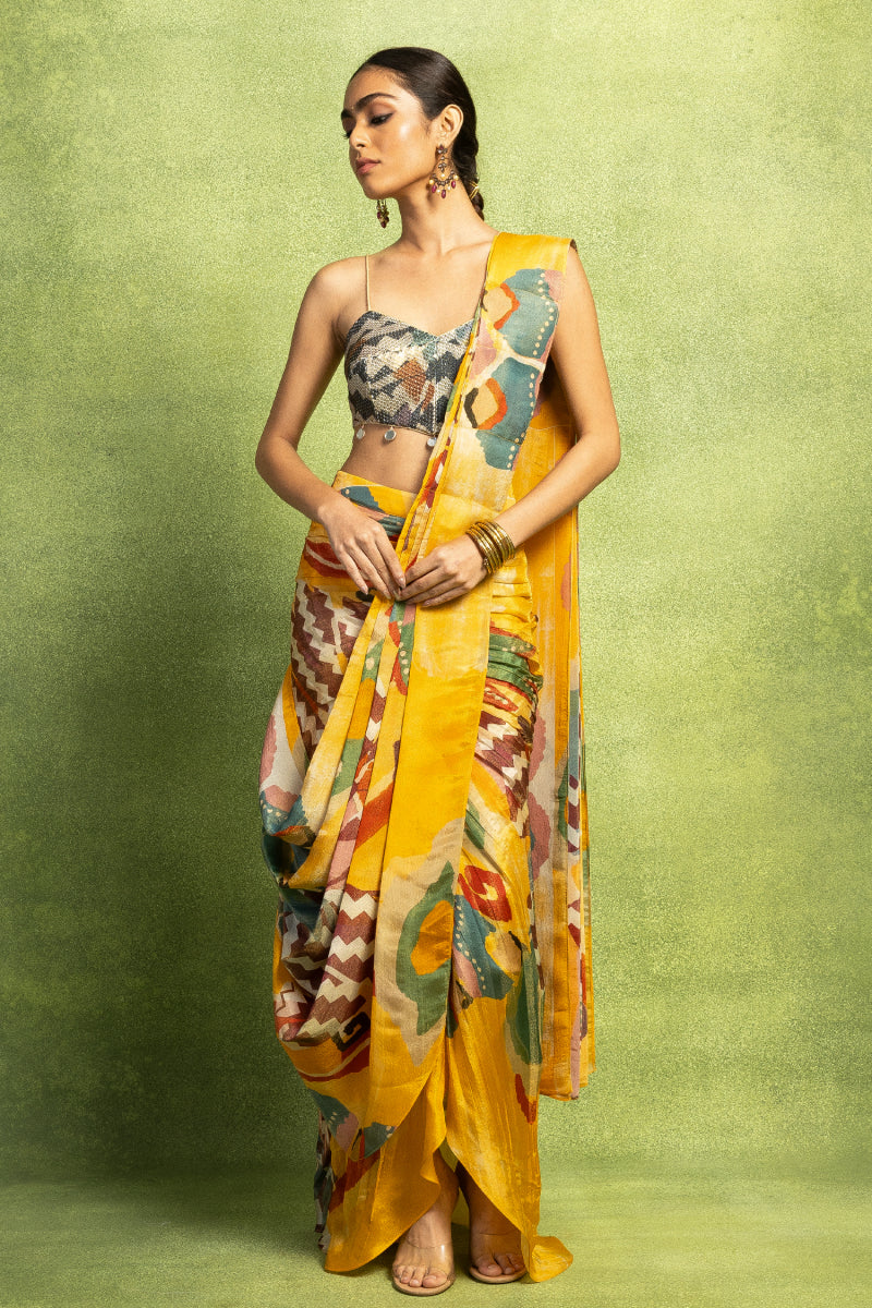 Yellow Pre-Stitched Saree with Pleated Skirt