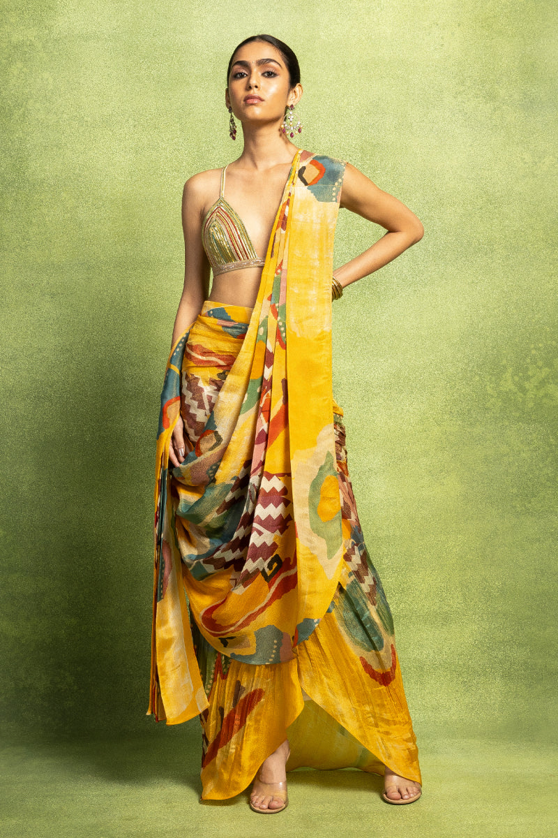 Yellow Pre-Stitched Saree with Hand Embroidered Bustier & Pleated Skirt