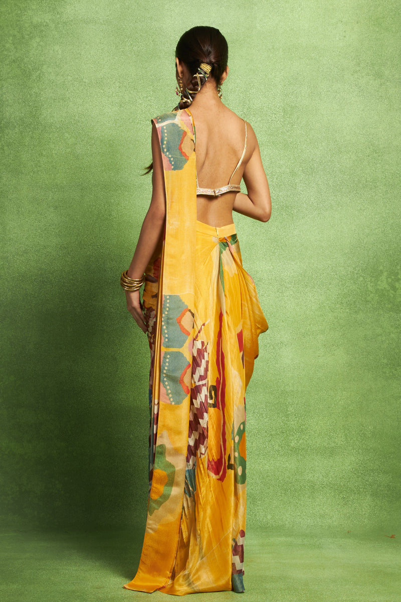 Yellow Pre-Stitched Saree with Hand Embroidered Bustier & Pleated Skirt