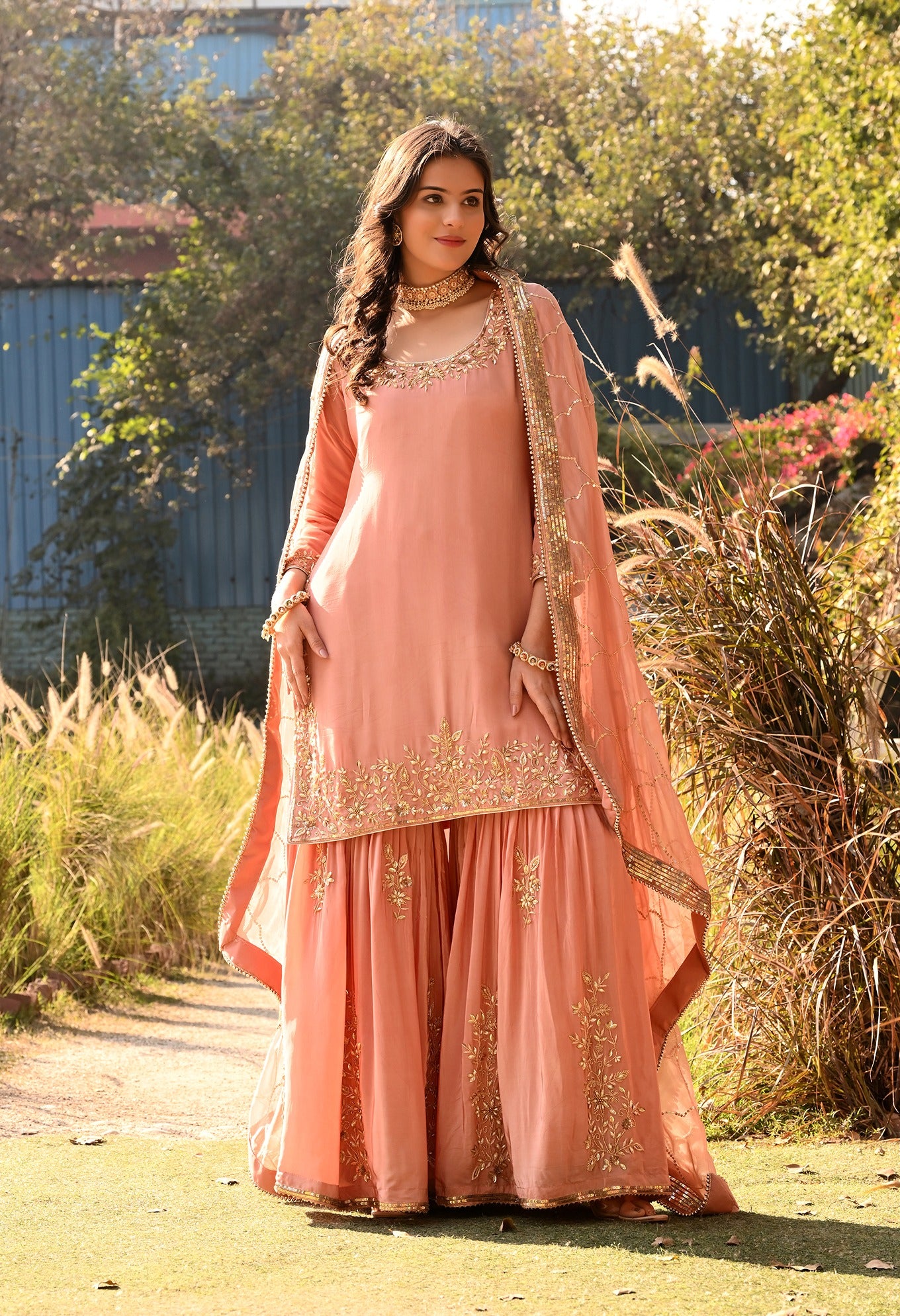 Peach Zardozi Gharara Set With Organza Dupatta