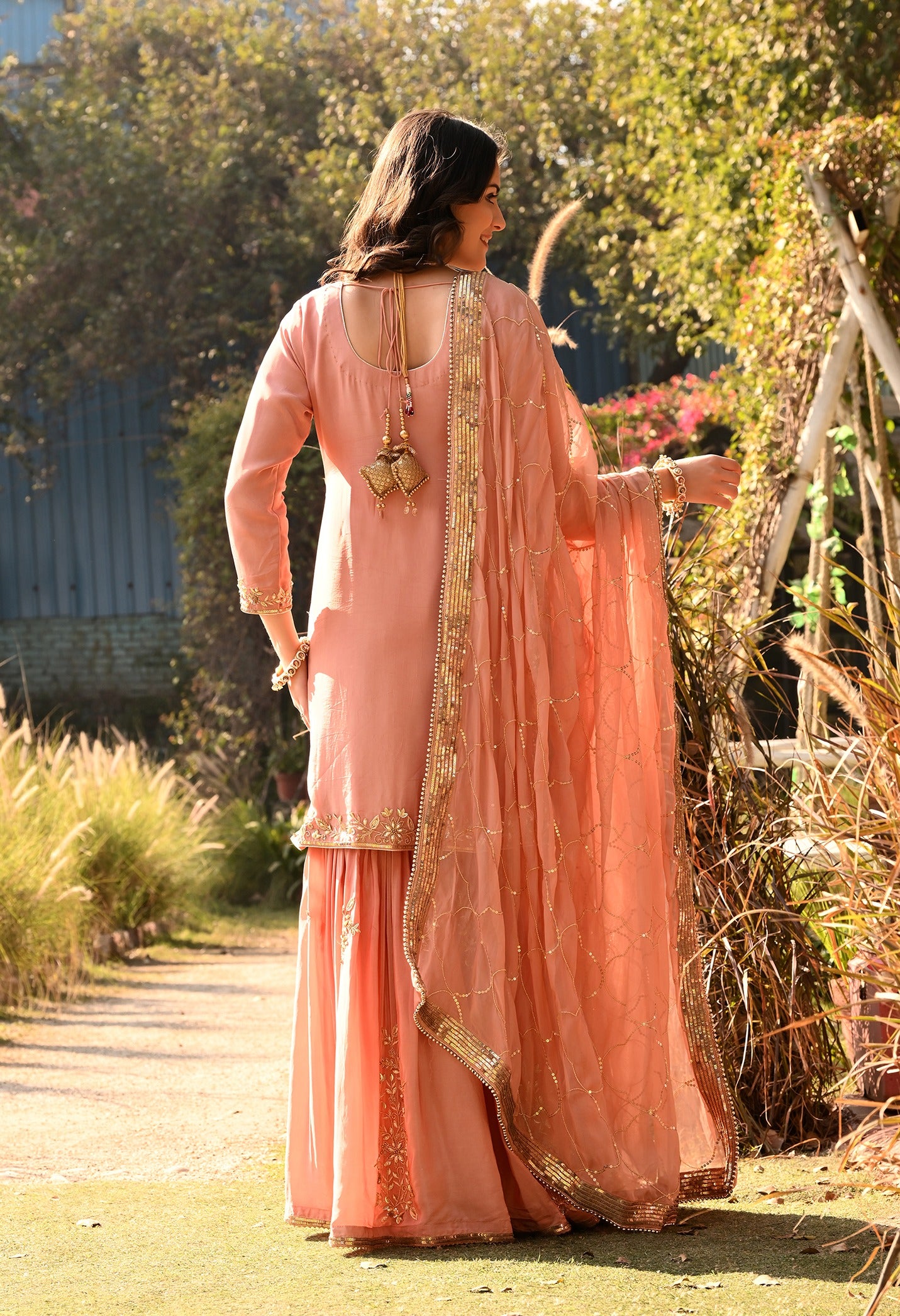 Peach Zardozi Gharara Set With Organza Dupatta