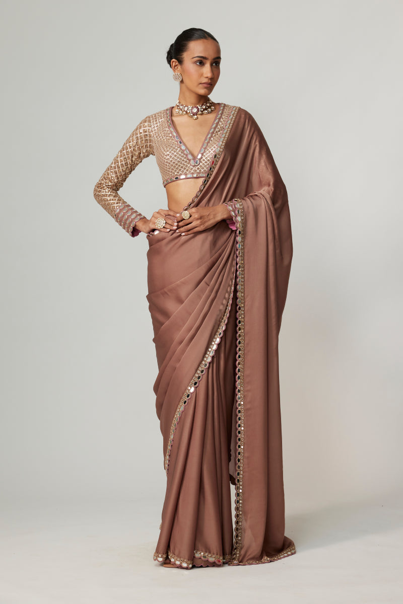 DEEP BEIGE SATIN SAREE SET