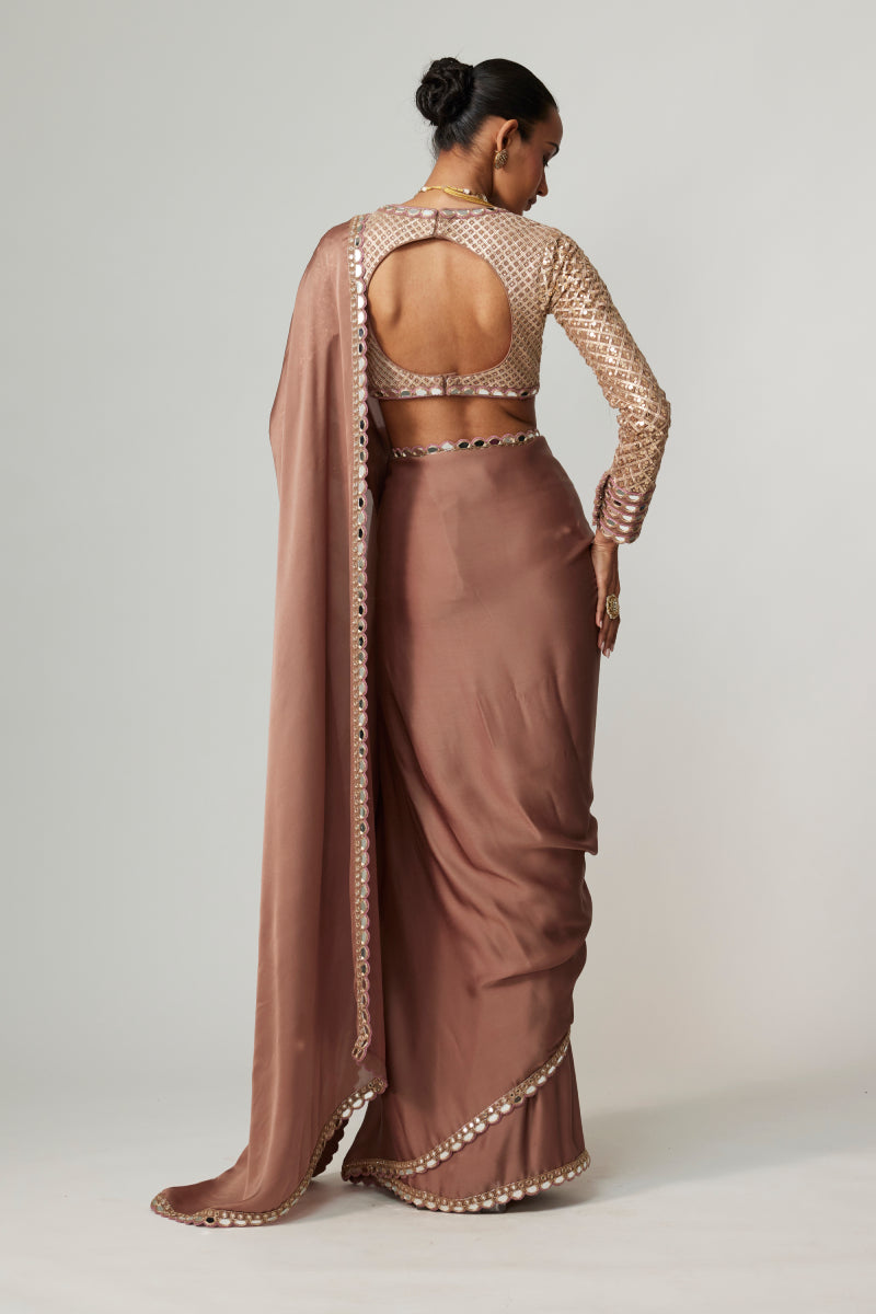 DEEP BEIGE SATIN SAREE SET
