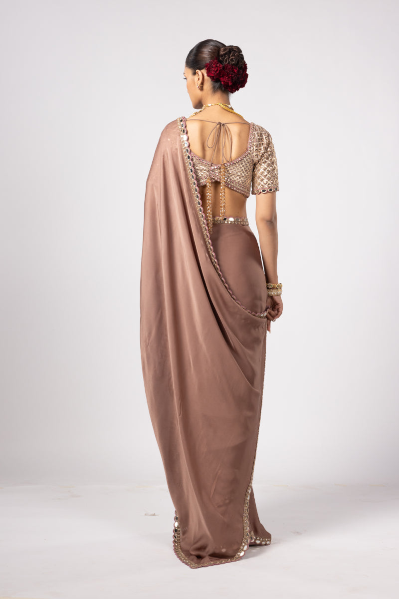DEEP BEIGE SATIN SAREE WITH SWEETHEART NECK BLOUSE