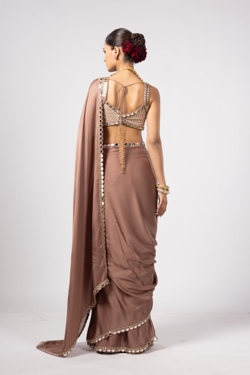 DEEP BEIGE SATIN SAREE WITH SQUARE NECK BLOUSE