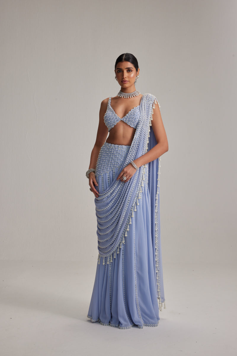 Dew Blue Linear Mirror And Pearl Embroidered Draped Saree Set