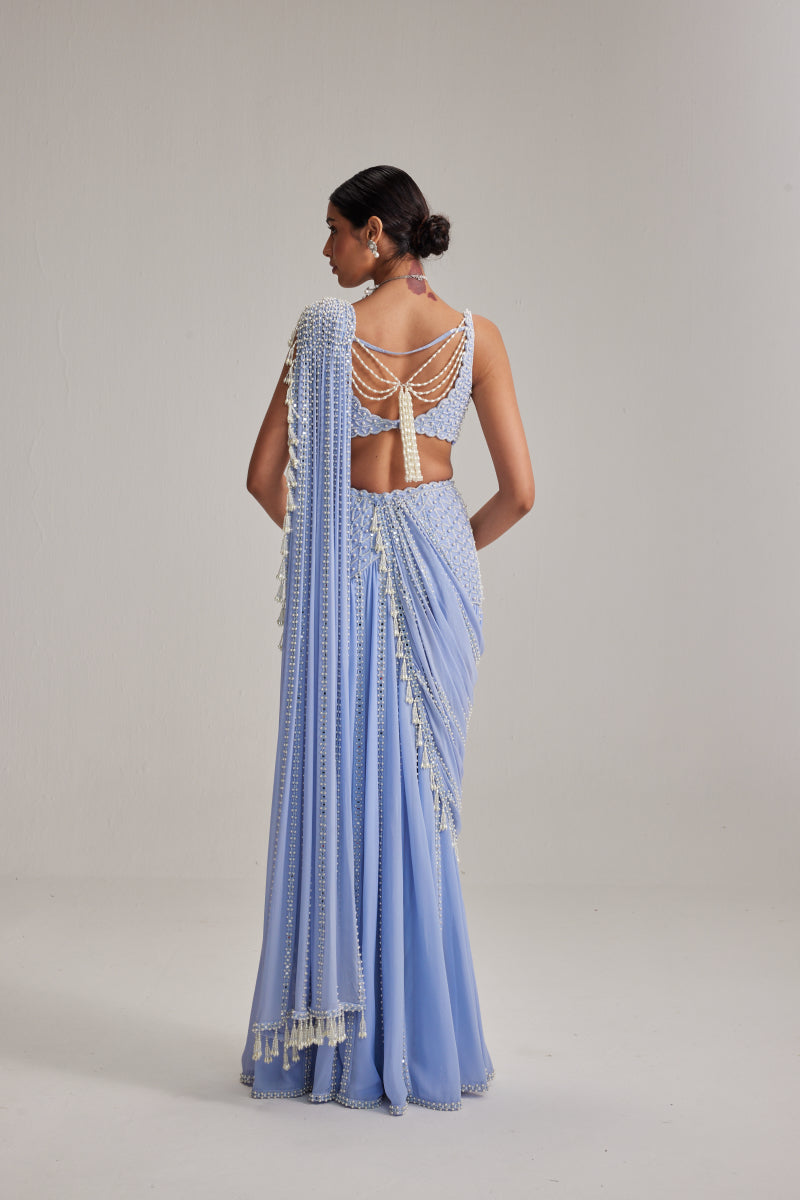 Dew Blue Linear Mirror And Pearl Embroidered Draped Saree Set