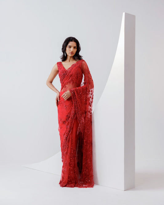 Red Embroidered Net Saree