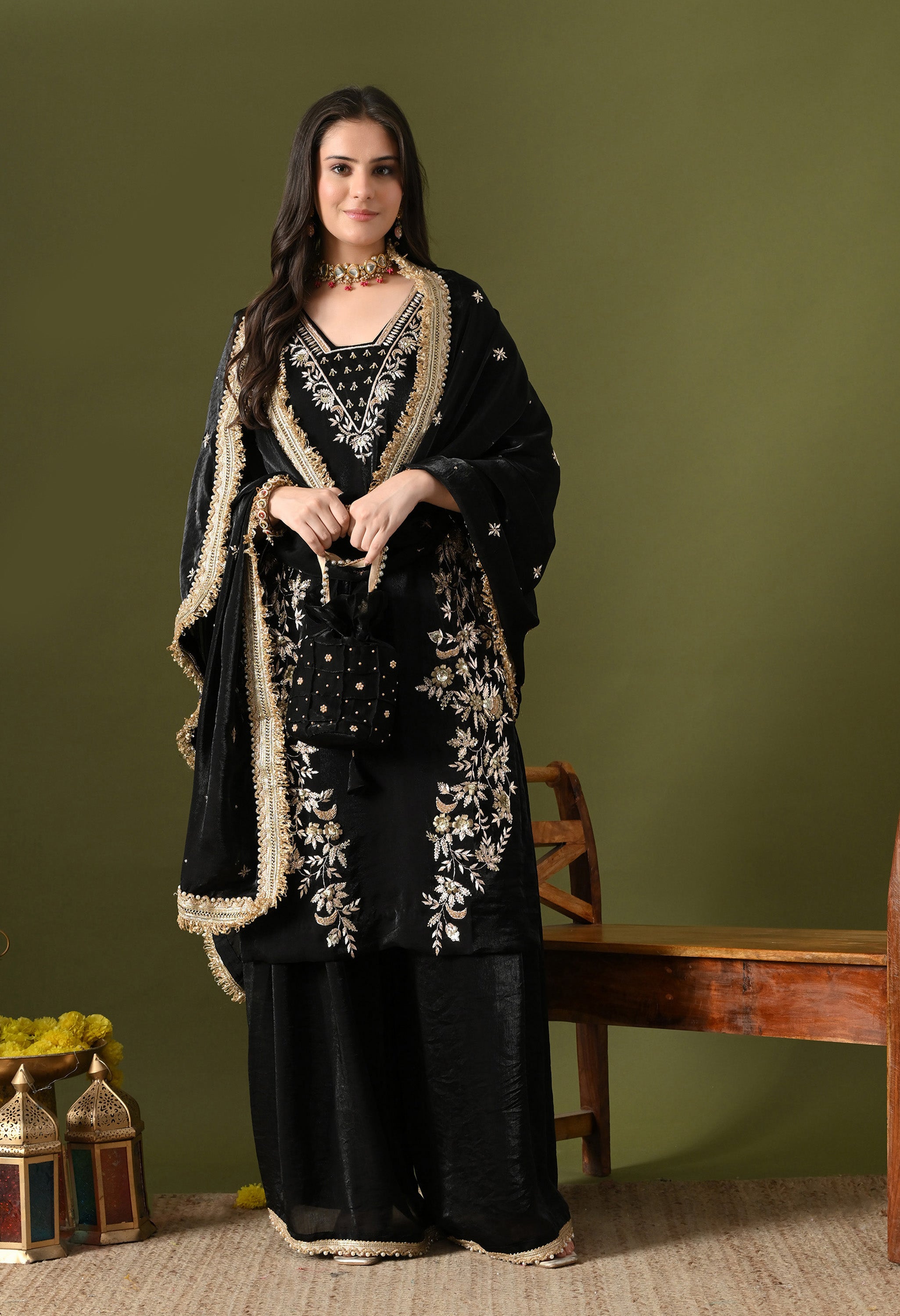 Black Sharara Set In Luxurious Glass Silk