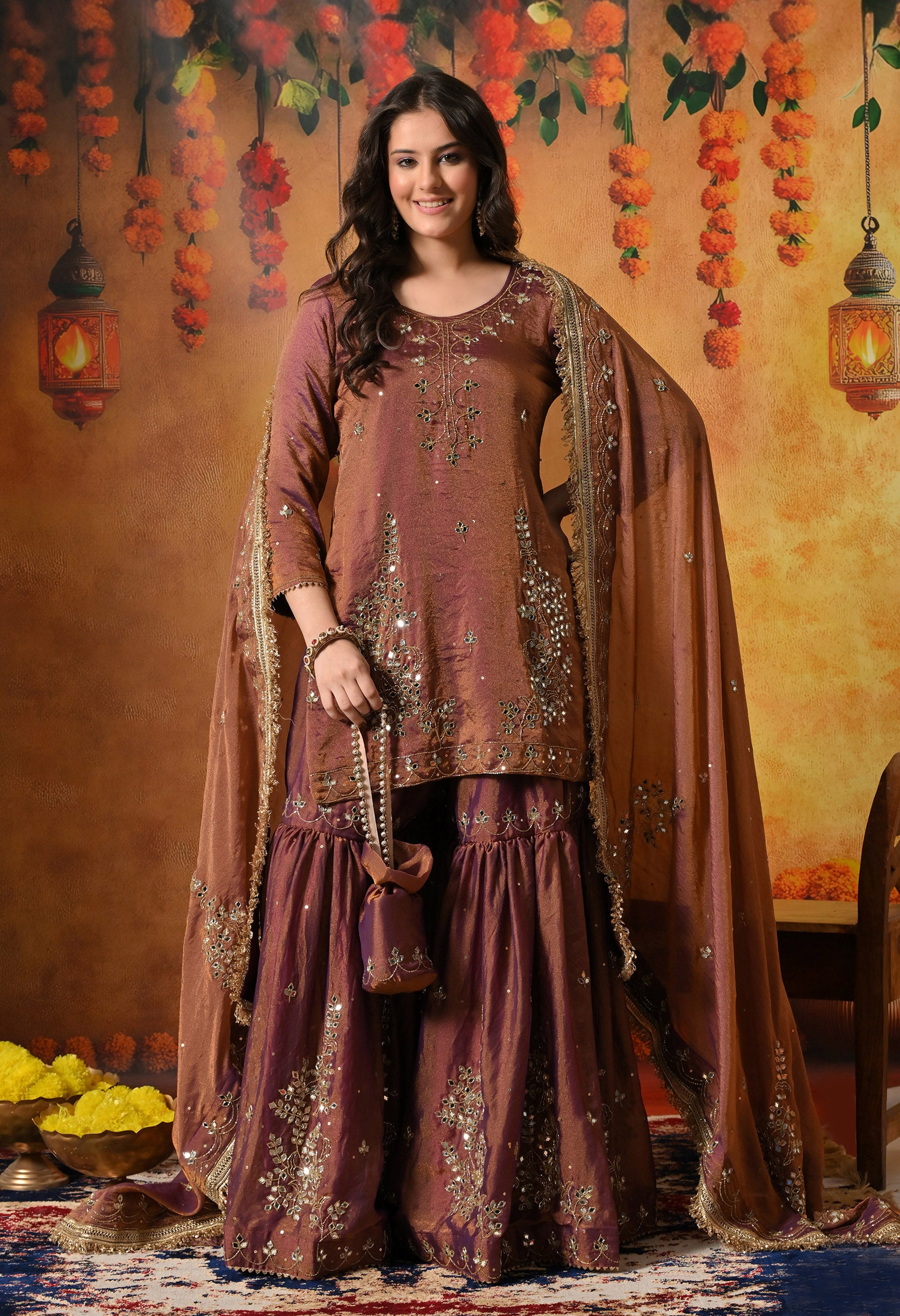 Purple Golden Gharara Set