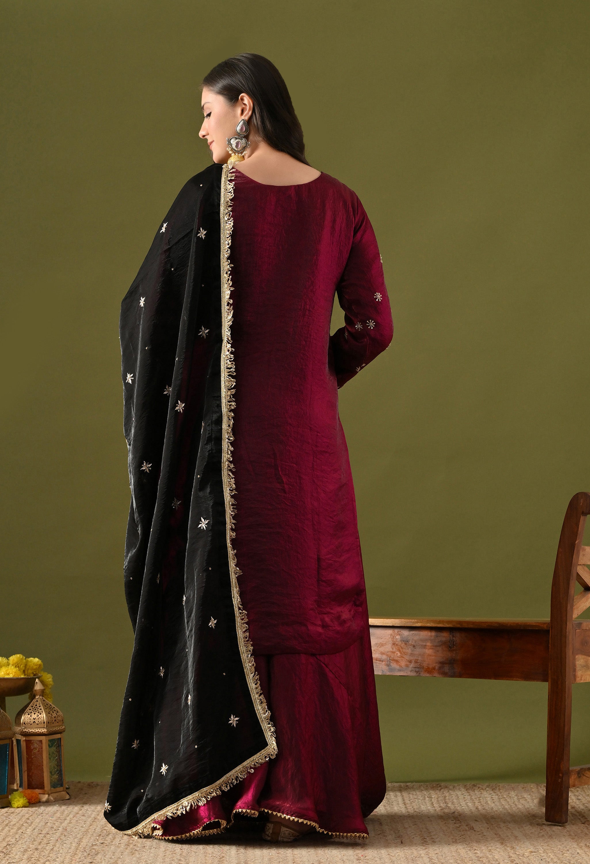 Wine Sharara Set In Luxurious Glass Silk