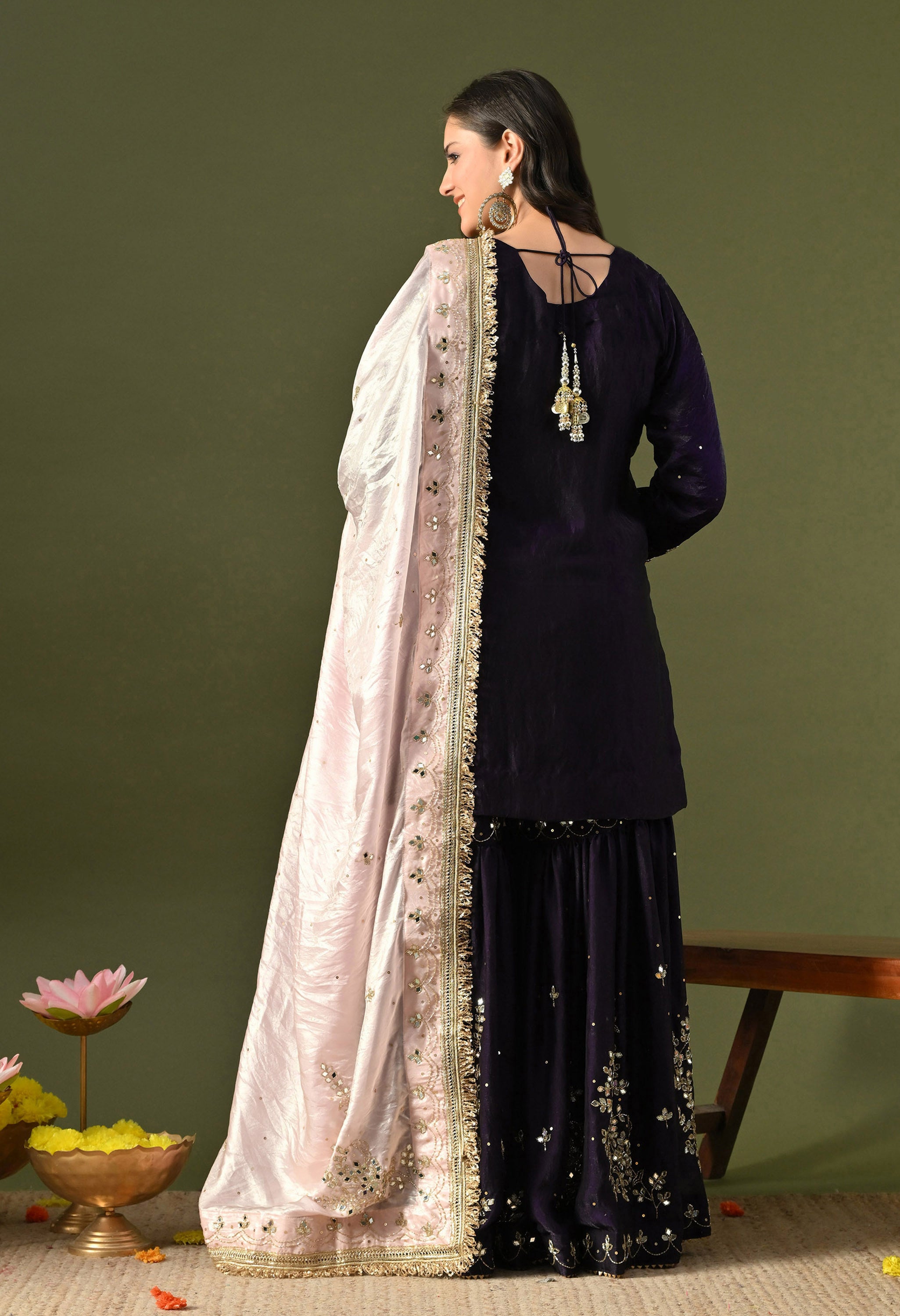 Dark Purple Mirror Work Gharara Set