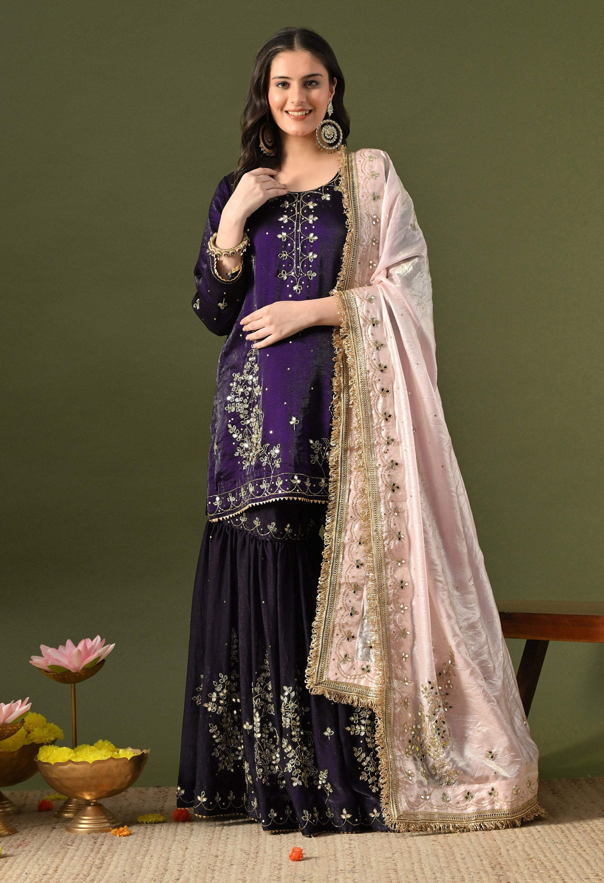 Dark Purple Mirror Work Gharara Set