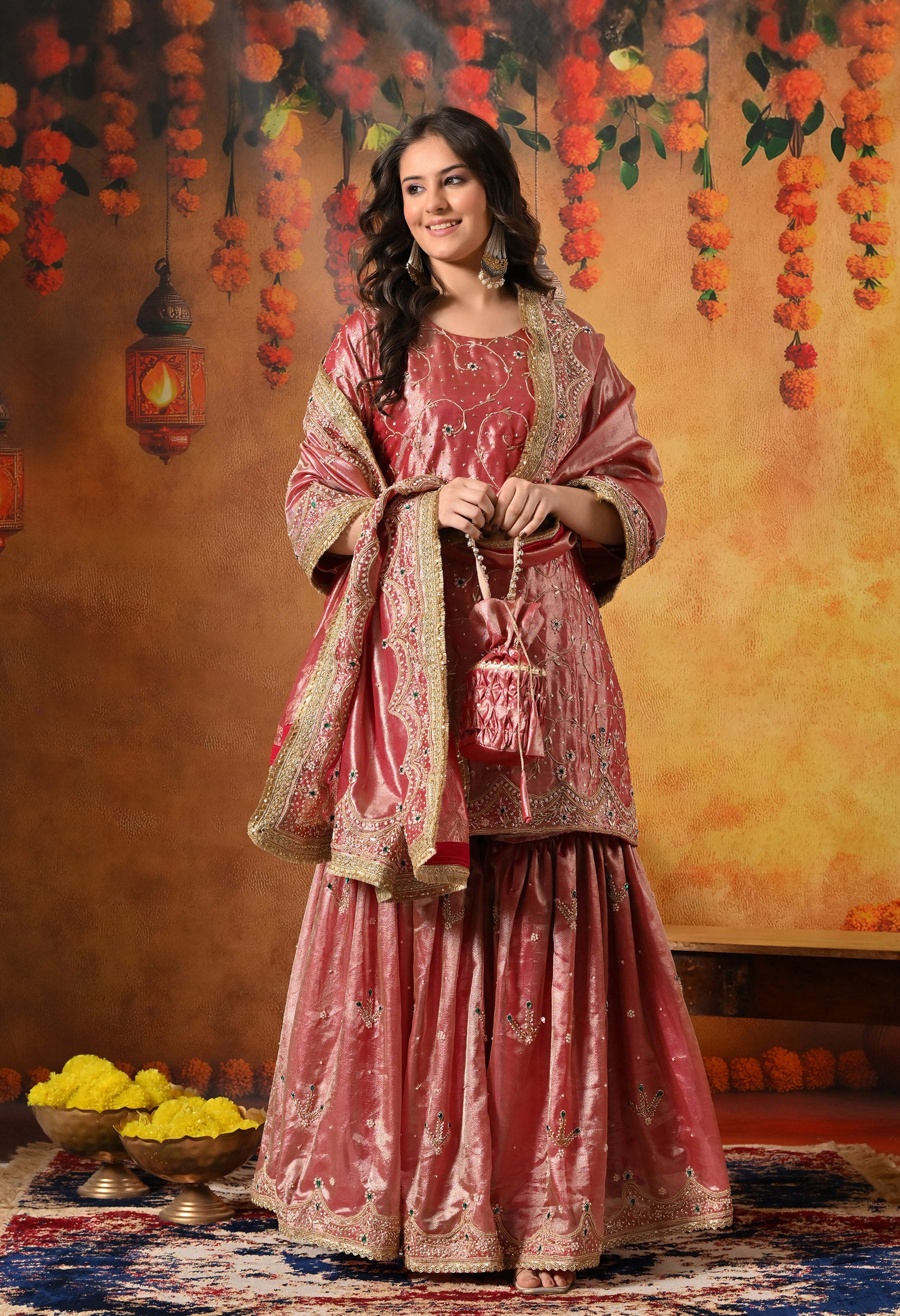 Golden Pink Tissue Silk Gharara Set