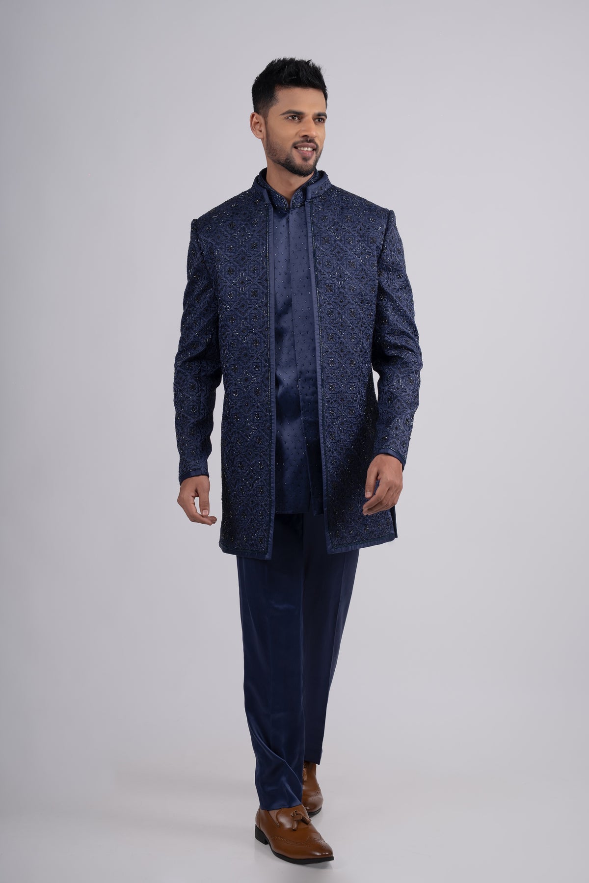 Blue Silk Embroidered Open Jacket Set