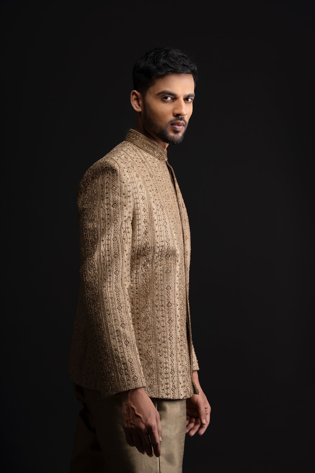 Olive Brown Silk Indo Western For Men With Heavy Embroidery