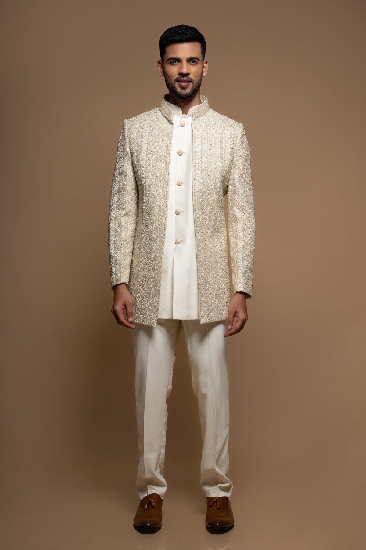 Beige Embroidered Silk Indo Western Set