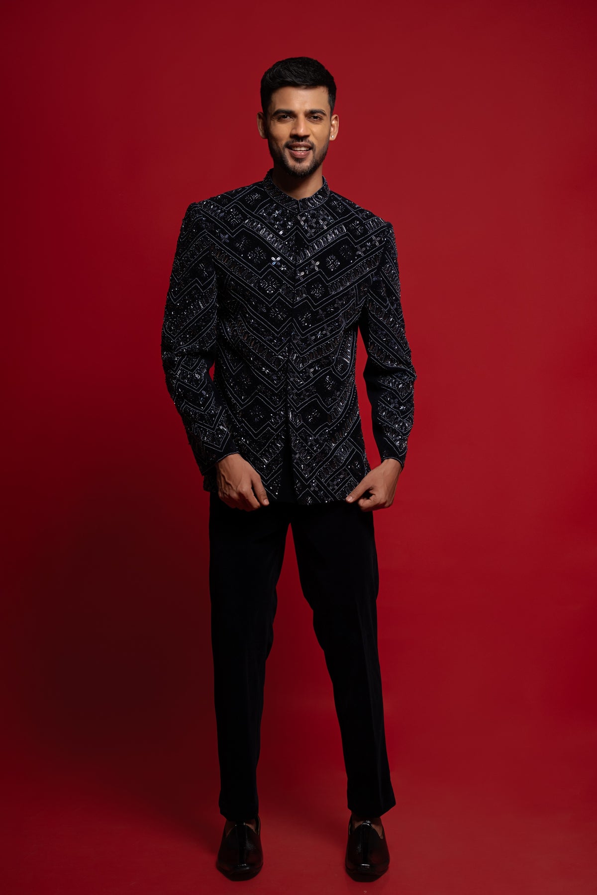 Navy Blue Velvet Embroidered Bandhgala Jodhpuri Set