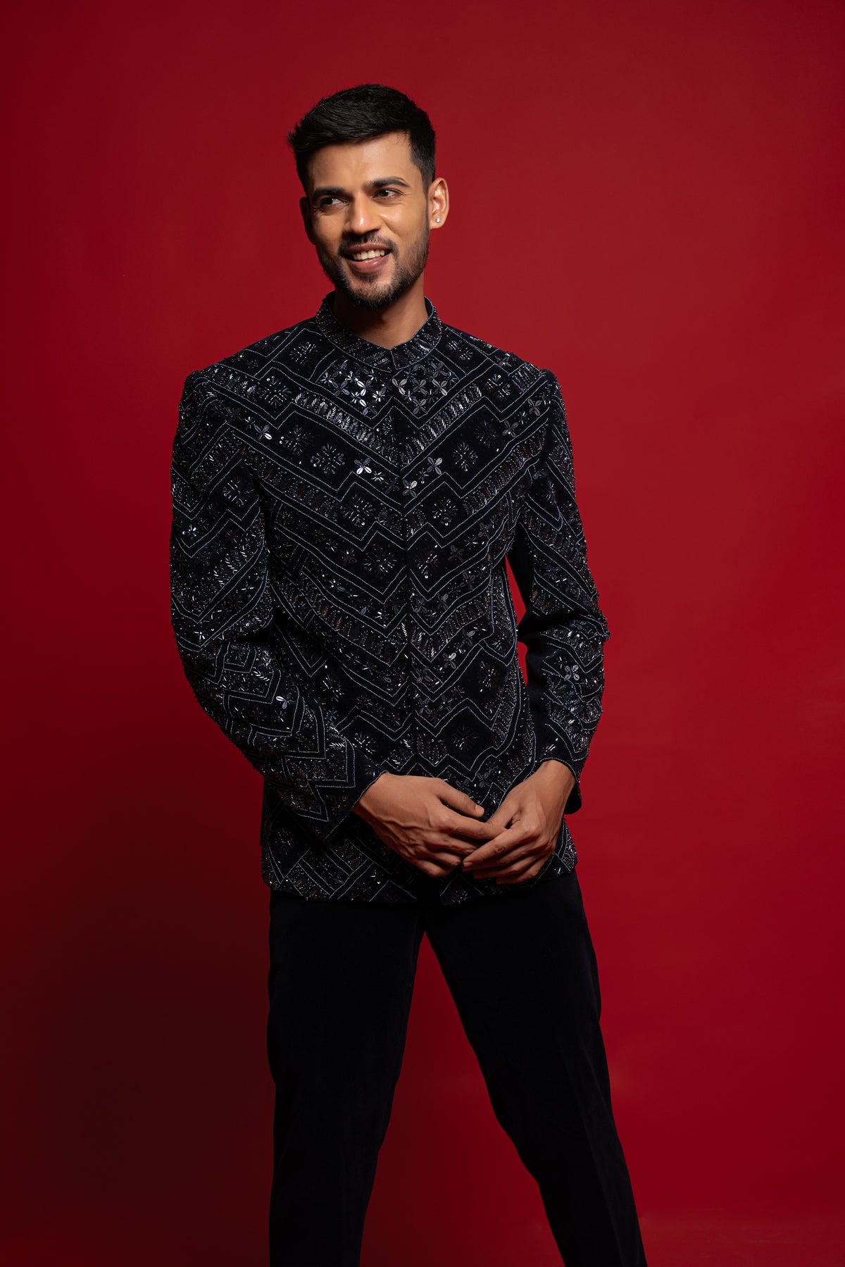 Navy Blue Velvet Embroidered Bandhgala Jodhpuri Set