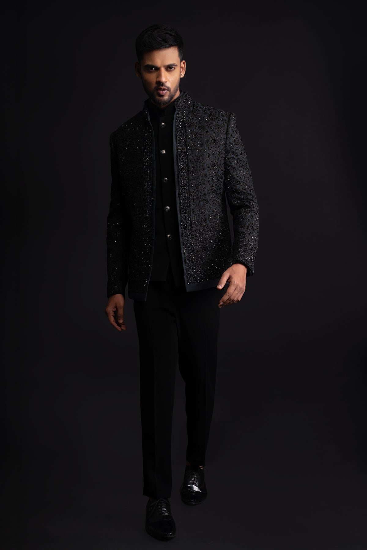 Black Silk Embellished Cocktail Jodhpuri Set