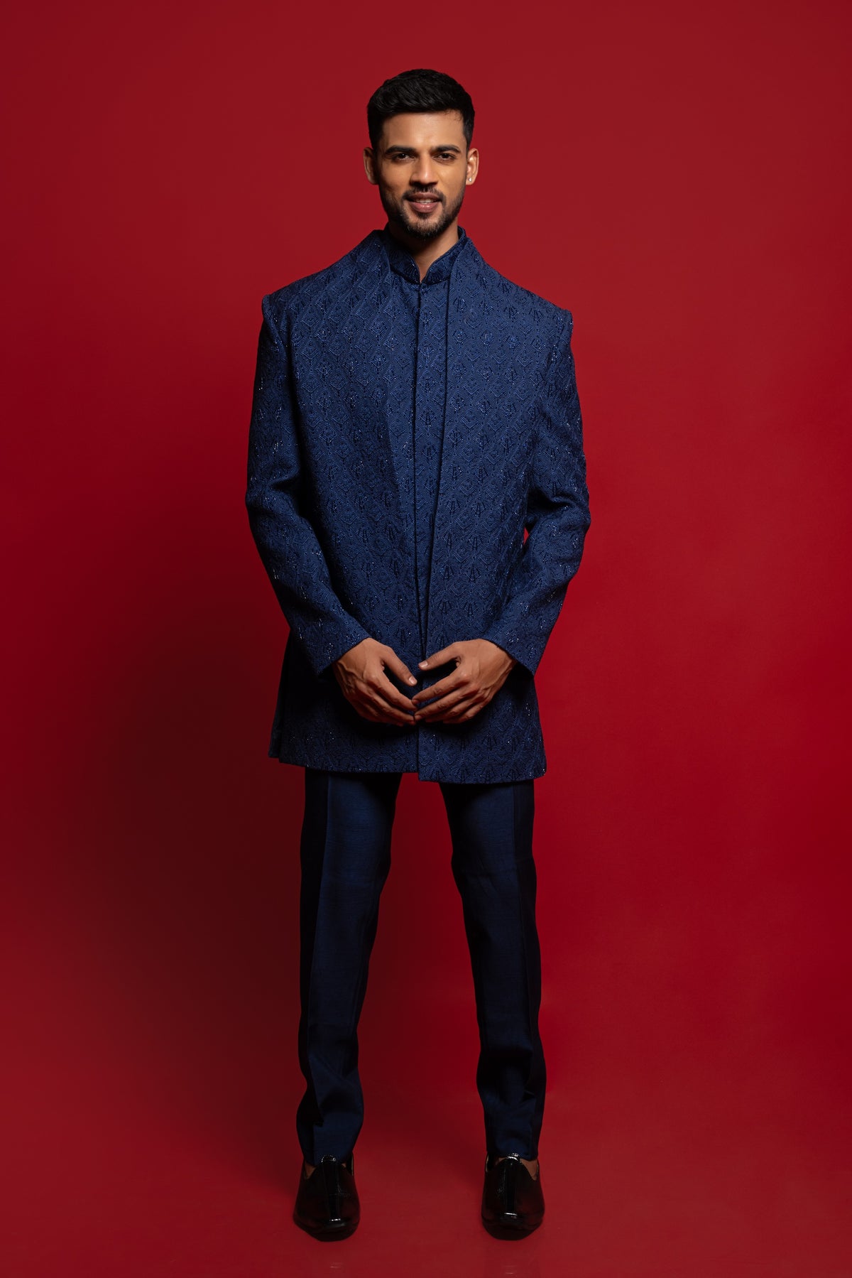 Blue Embroidered Silk Indo Western Set