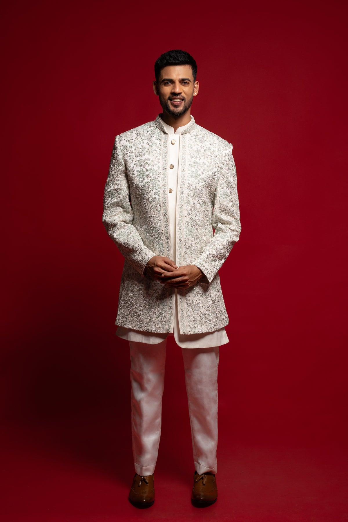 White Embroidered Silk Indo Western