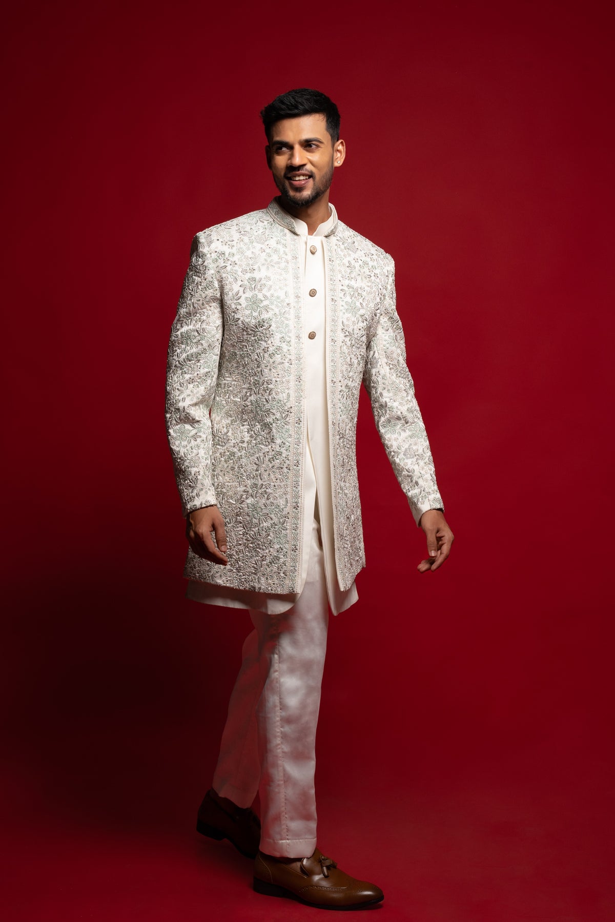 White Embroidered Silk Indo Western