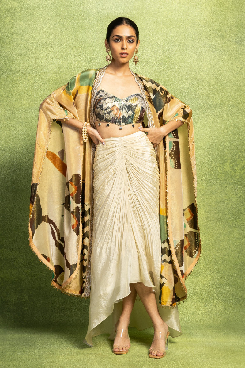 Beige Hand Embroidered Jacket & Skirt Set