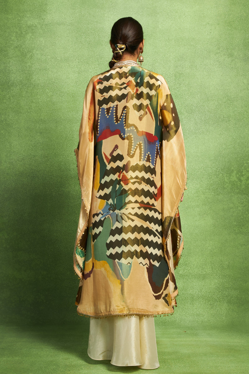Beige Hand Embroidered Jacket & Skirt Set