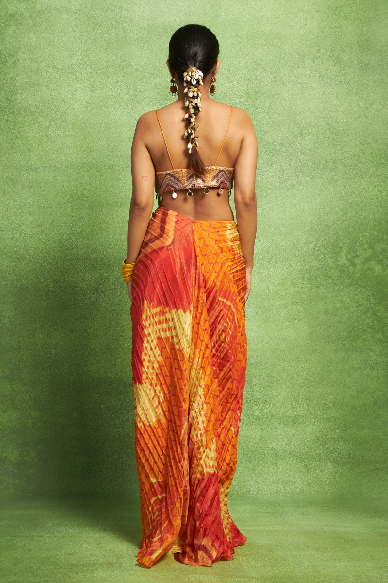 Orange Hand Pleated Skirt Set
