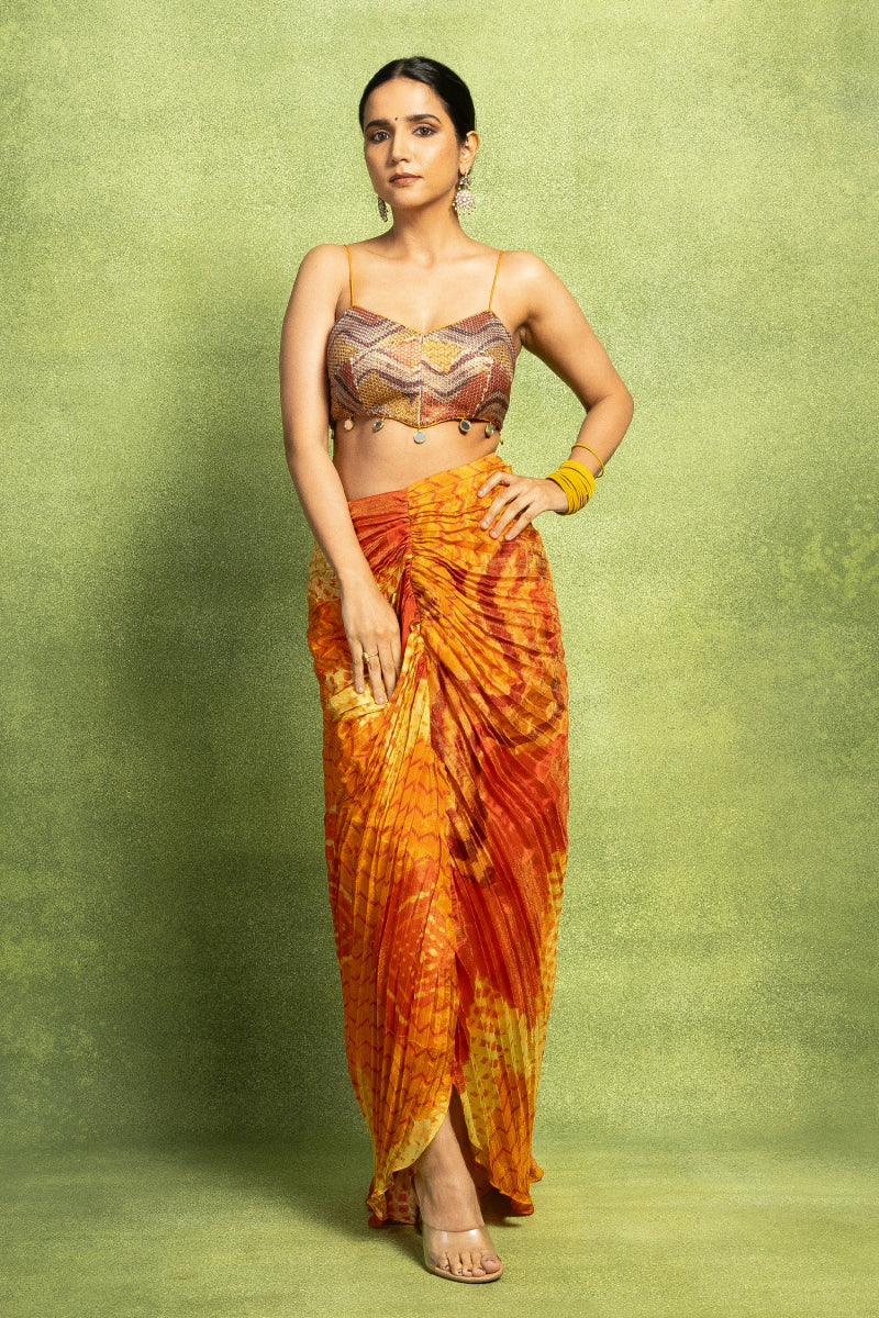 Orange Hand Pleated Skirt Set