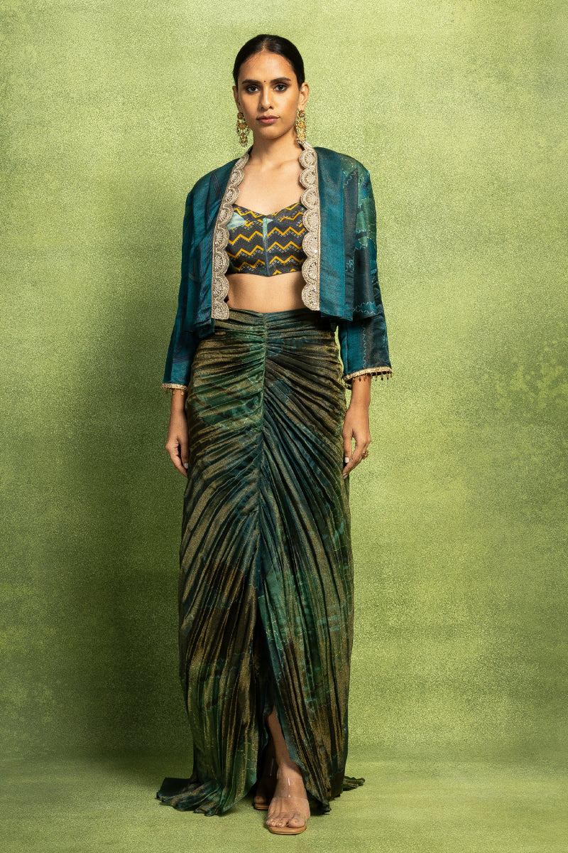 Teal Hand Embroidered Cropped Jacket and Skirt Set