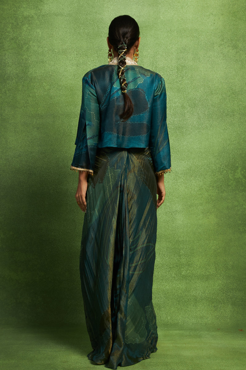 Teal Hand Embroidered Cropped Jacket and Skirt Set