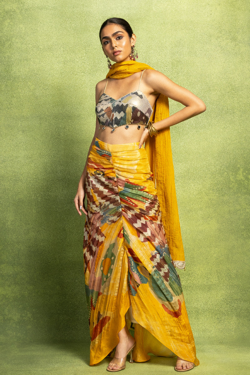 Abstract Print Hand Pleated Skirt Set