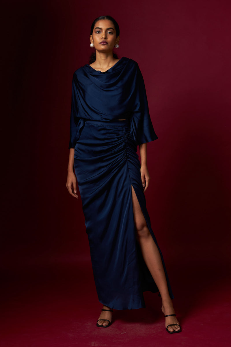 Blue Cowl Top And Draped Skirt Set