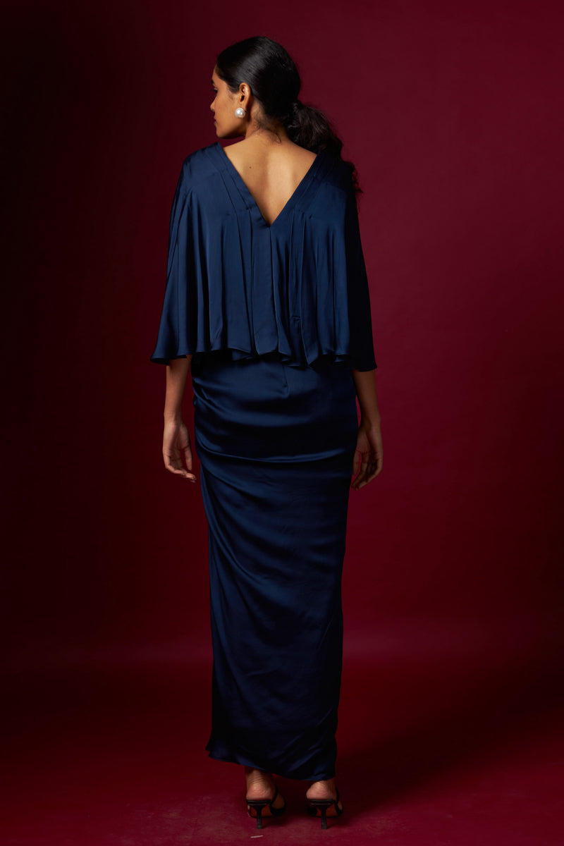 Blue Cowl Top And Draped Skirt Set