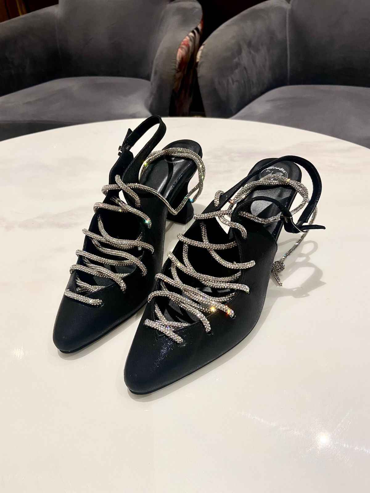 Black Stringy Sneaker Open Toe Heel Sandals