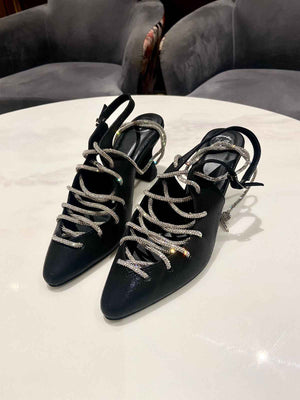 Black Stringy Sneaker Open Toe Heel Sandals