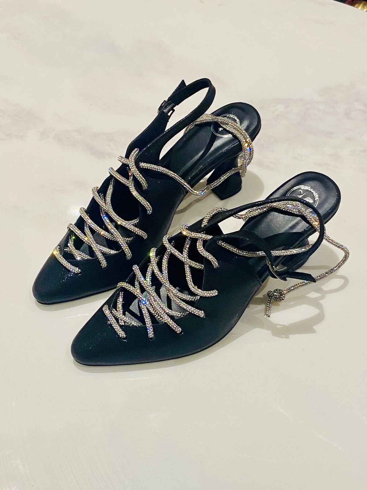 Black Stringy Sneaker Open Toe Heel Sandals