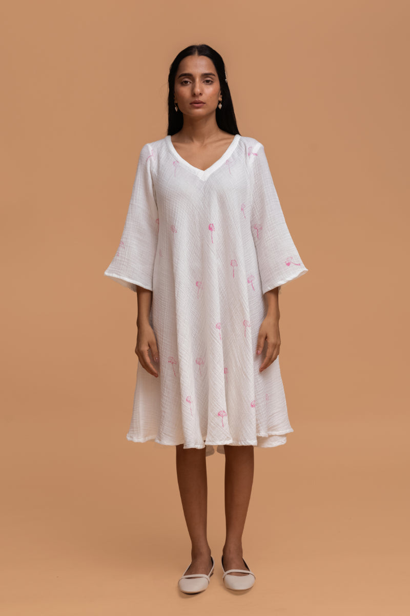 Hand Block Printed Gots-Certified Wrinkle Cotton Flare Dress