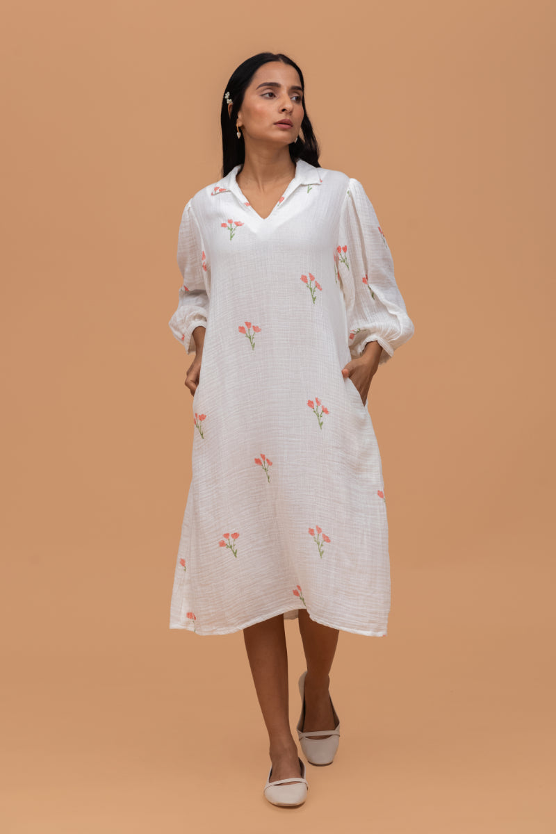Crinkle Collar Dress Hand Block Printed Gots-Certified Wrinkle Cotton A-Line Dress