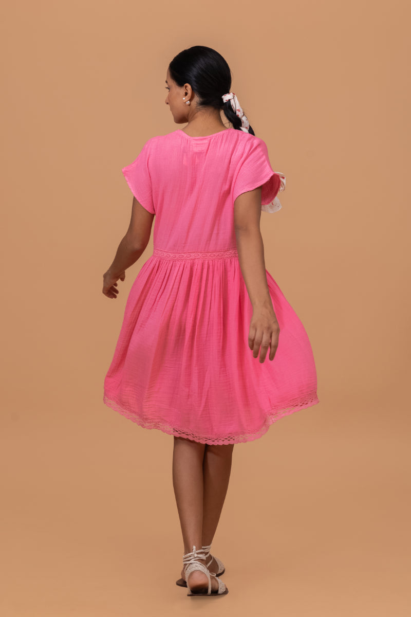 Flamingo Pink Gots-Certified Wrinkle Cotton Summer Frock