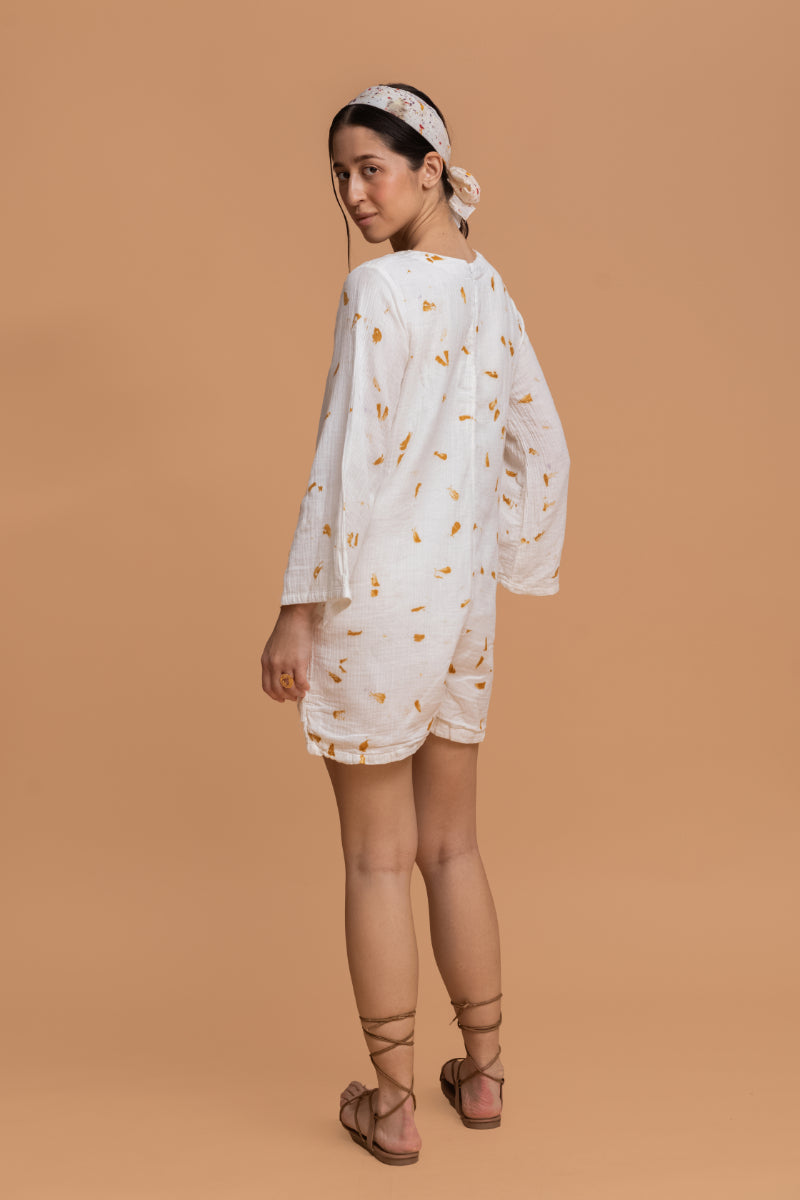 Marigold Ecoprinted Gots-Certified Wrinkle Cotton Short Jumpsuit