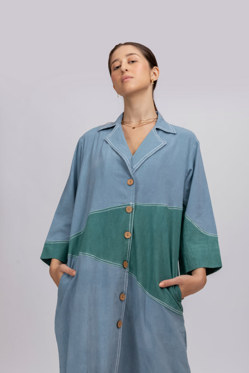 Blue Green Natural Dyed Overcoat In Kalla Cotton