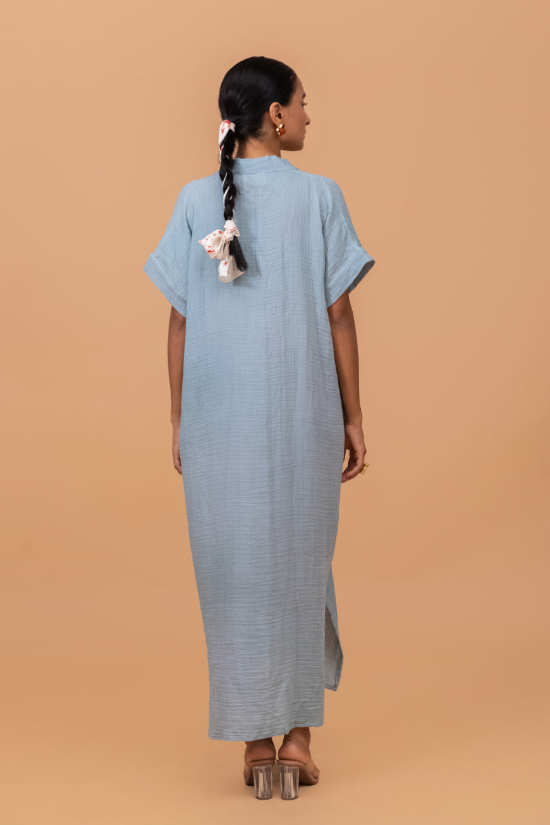 Powder Blue Gots Certified Wrinkle Cotton Maxi Dress